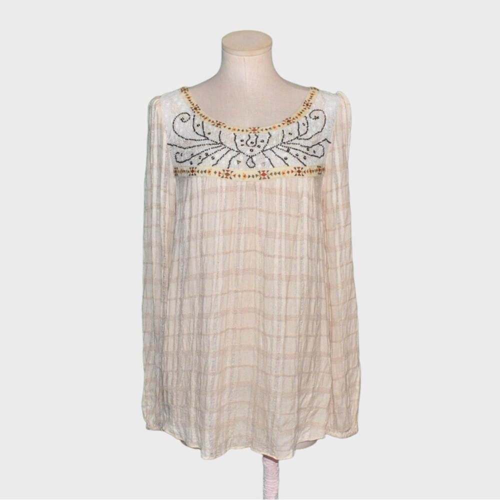 Free People Beaded Embroidered Plaid Peasant‎ Top